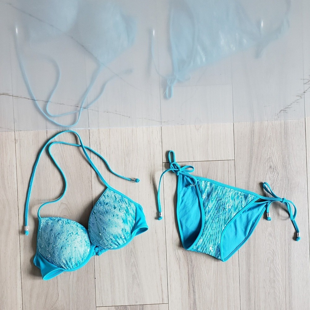 Victoria Secret PINK Bikini Set Womens S/M Blue Sequin Push‎ Up Halter Swimsuit